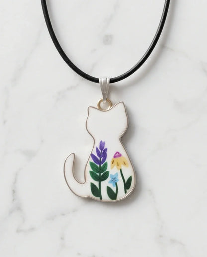 Artistic Floral Botanical Feline Silhouette Pendant Necklace