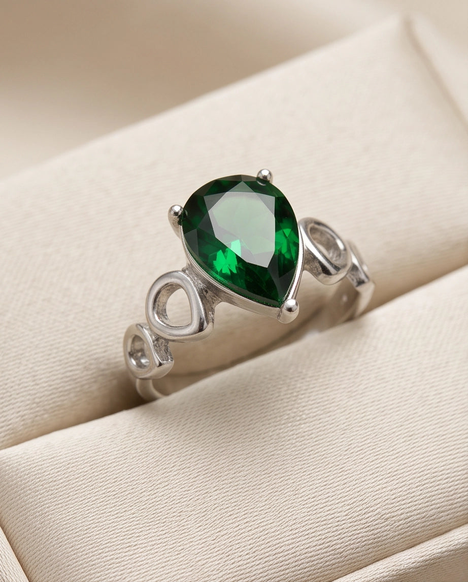 Emerald Gemstone Prong-Set Teardrop Loop Silver Ring