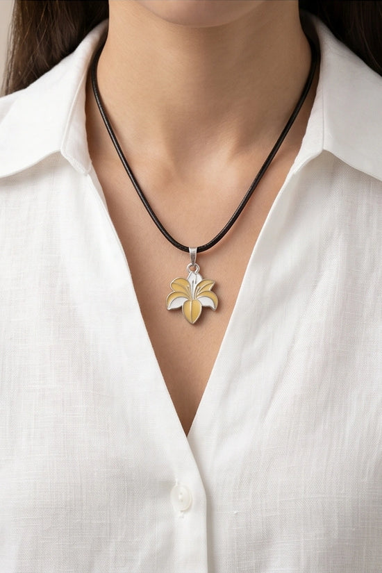 Elegant Pastel Yellow and White Lily Enamel Pendant Necklace