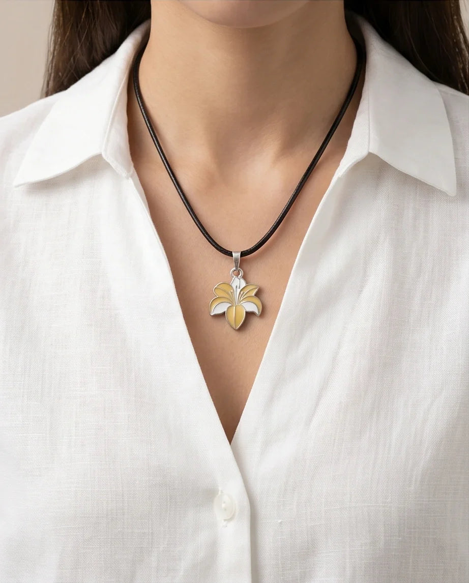 Elegant Pastel Yellow and White Lily Enamel Pendant Necklace