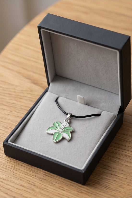 Elegant Green and White Lily Enamel Pendant Necklace