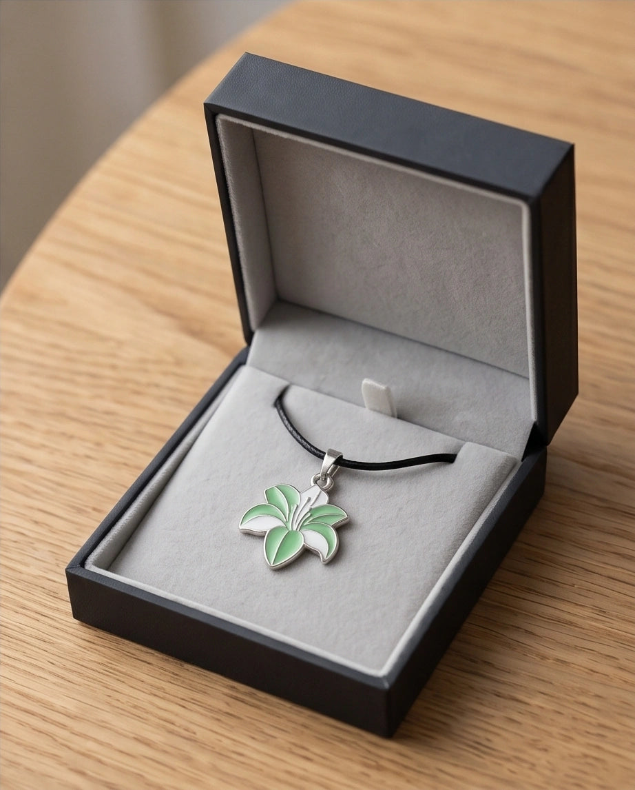 Elegant Green and White Lily Enamel Pendant Necklace