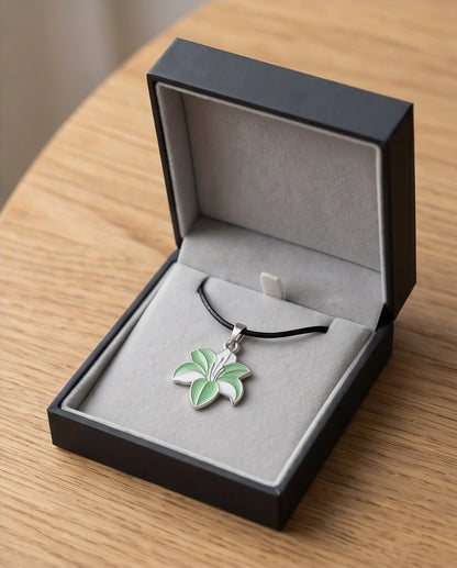 Elegant Green and White Lily Enamel Pendant Necklace