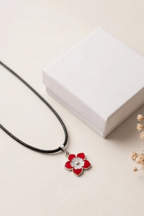 Vibrant Red and White Layered Floral Enamel Pendant Necklace