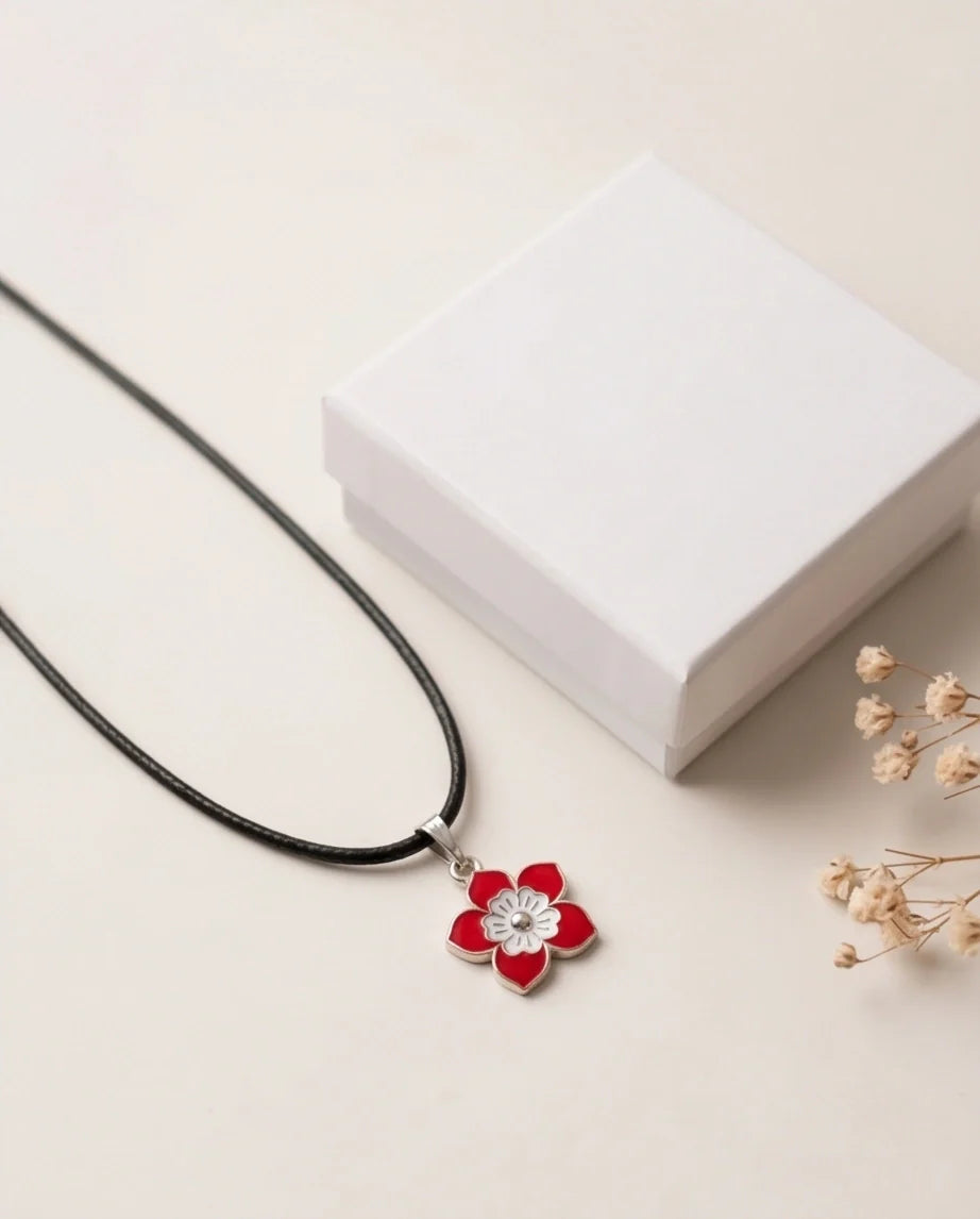 Vibrant Red and White Layered Floral Enamel Pendant Necklace