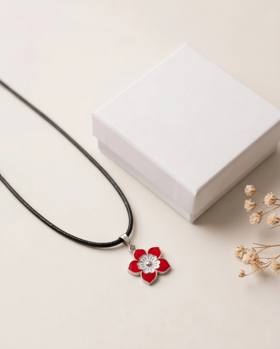 Vibrant Red and White Layered Floral Enamel Pendant Necklace