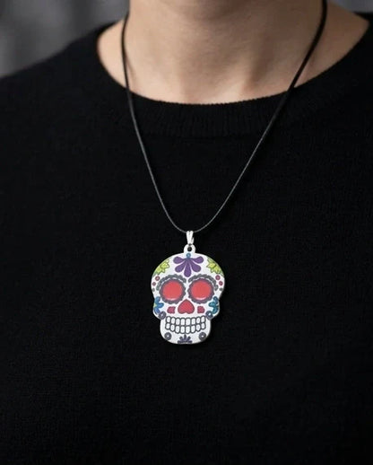 Vibrant Sugar Skull Día de los Muertos Pendant Necklace