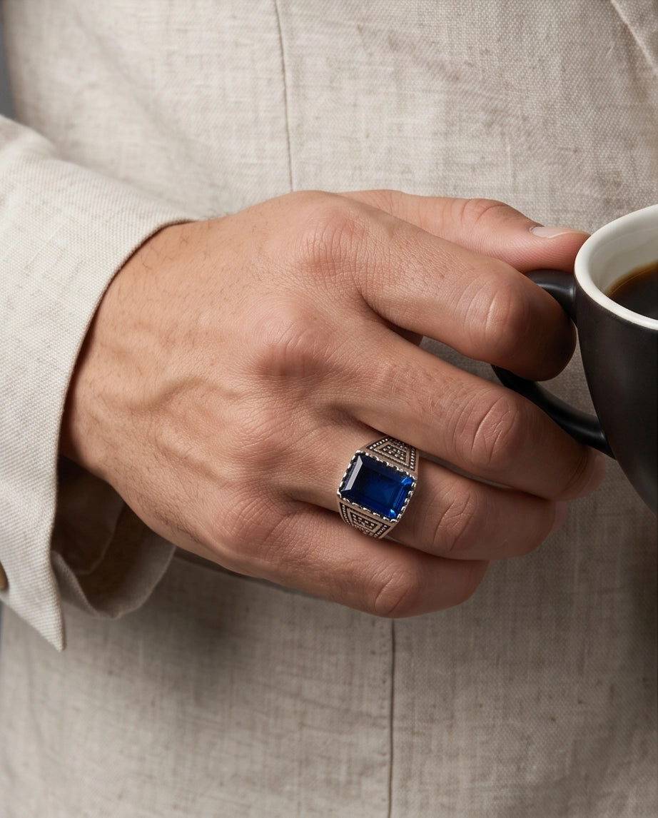Sapphire Blue Emerald-Cut Gemstone Dot Matrix Architectural Silver Ring