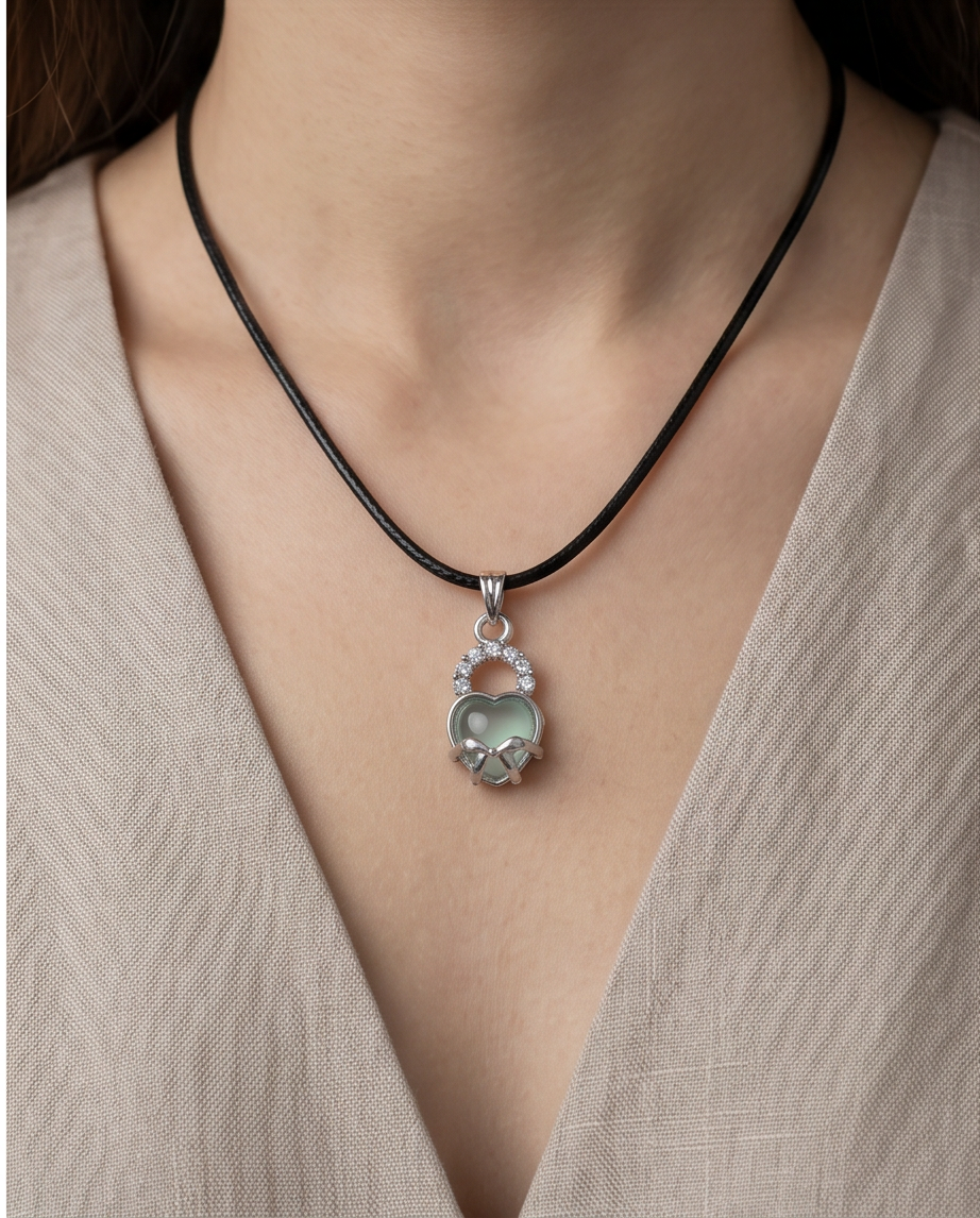 Green Heart Bow Lock Pendant Necklace
