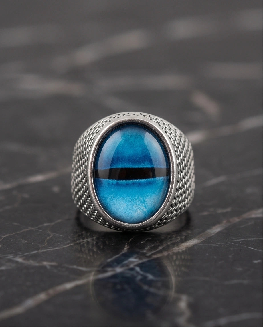 Vintage Sterling Silver Aqua Serpent's Eye Ring
