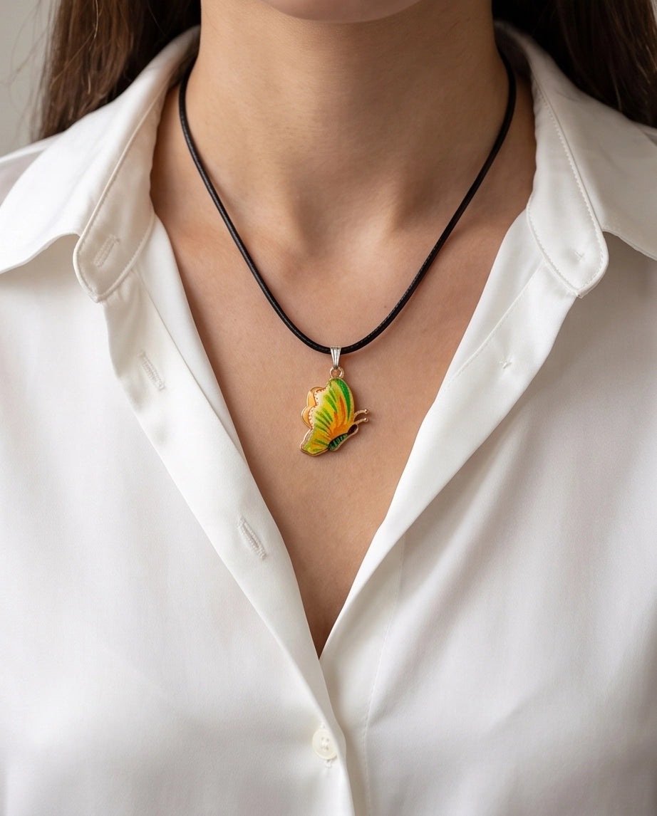 Bright Yellow & Green Butterfly Cord Necklace