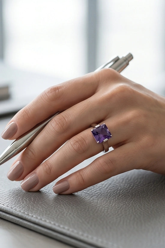 Sterling Silver Deep Amethyst Princess Cut Solitaire Ring