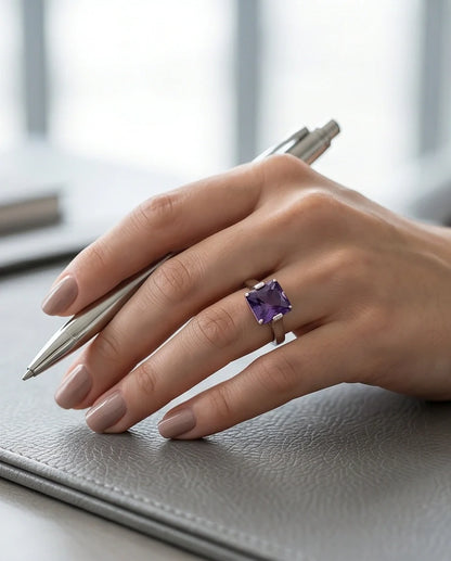 Sterling Silver Deep Amethyst Princess Cut Solitaire Ring