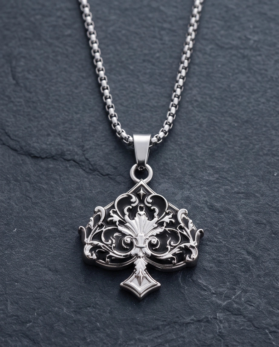 Silver Filigree Ace of Spades Pendant Necklace