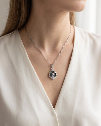 Silver Vintage Cherub Black Enamel Teardrop Pendant Necklace