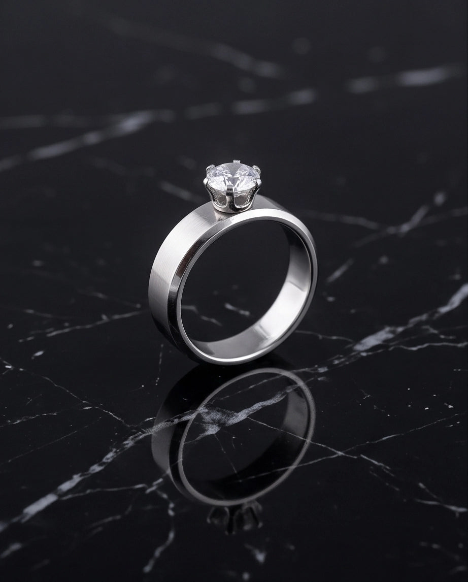 Silver Round Gemstone Crown Solitaire Ring