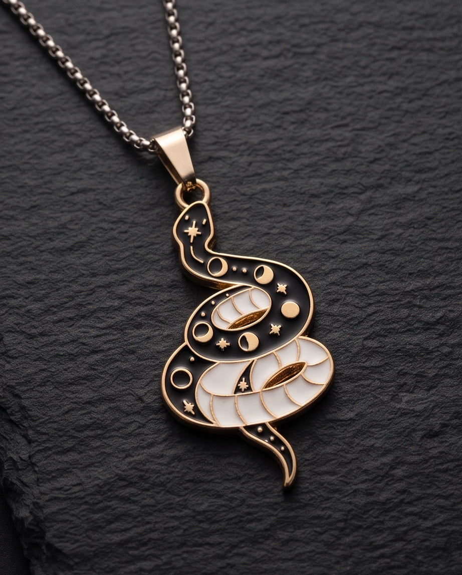 Gold Moon Phase Snake Enamel Pendant Necklace
