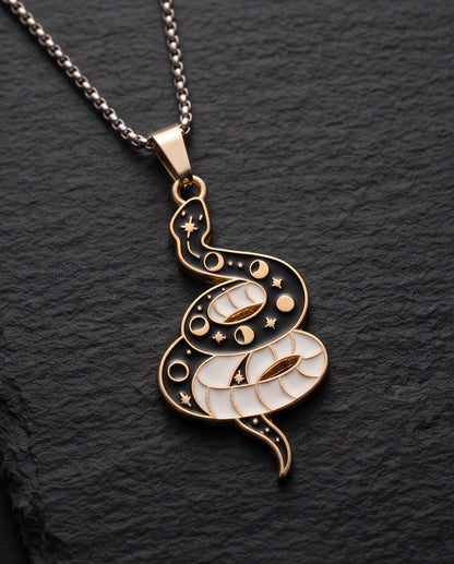 Gold Moon Phase Snake Enamel Pendant Necklace
