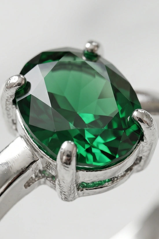 Sterling Silver Oval-Cut Green Emerald Solitaire Ring
