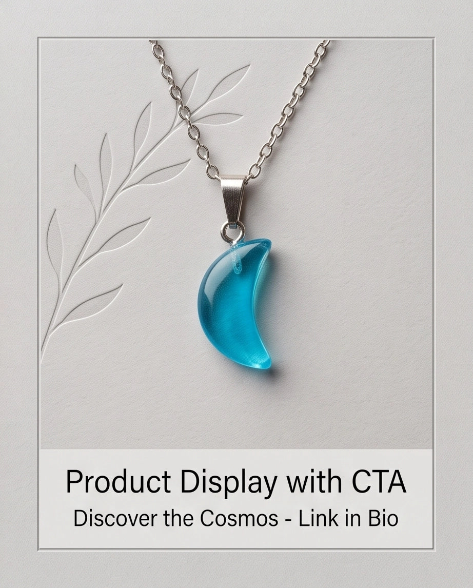 Silver Cyan Crescent Moon Resin Pendant Necklace