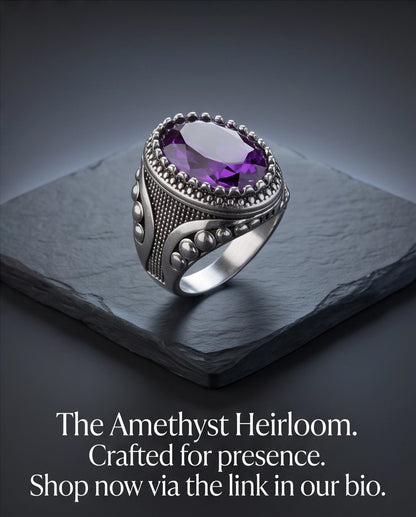Amethyst Gemstone Beaded Bezel Filigree Silver Ring