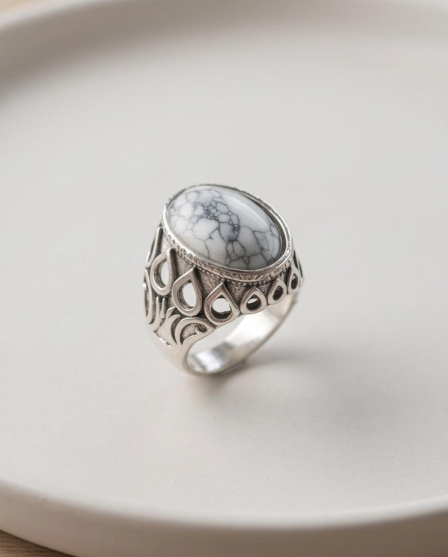 Howlite Cabochon Filigree Silver Ring