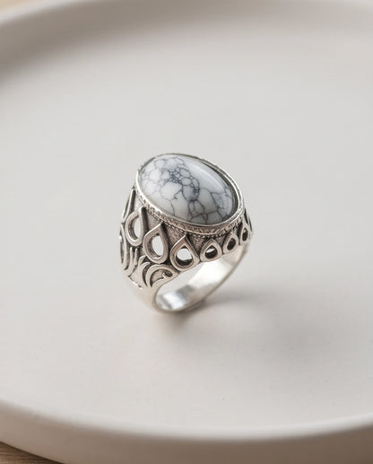 Howlite Cabochon Filigree Silver Ring