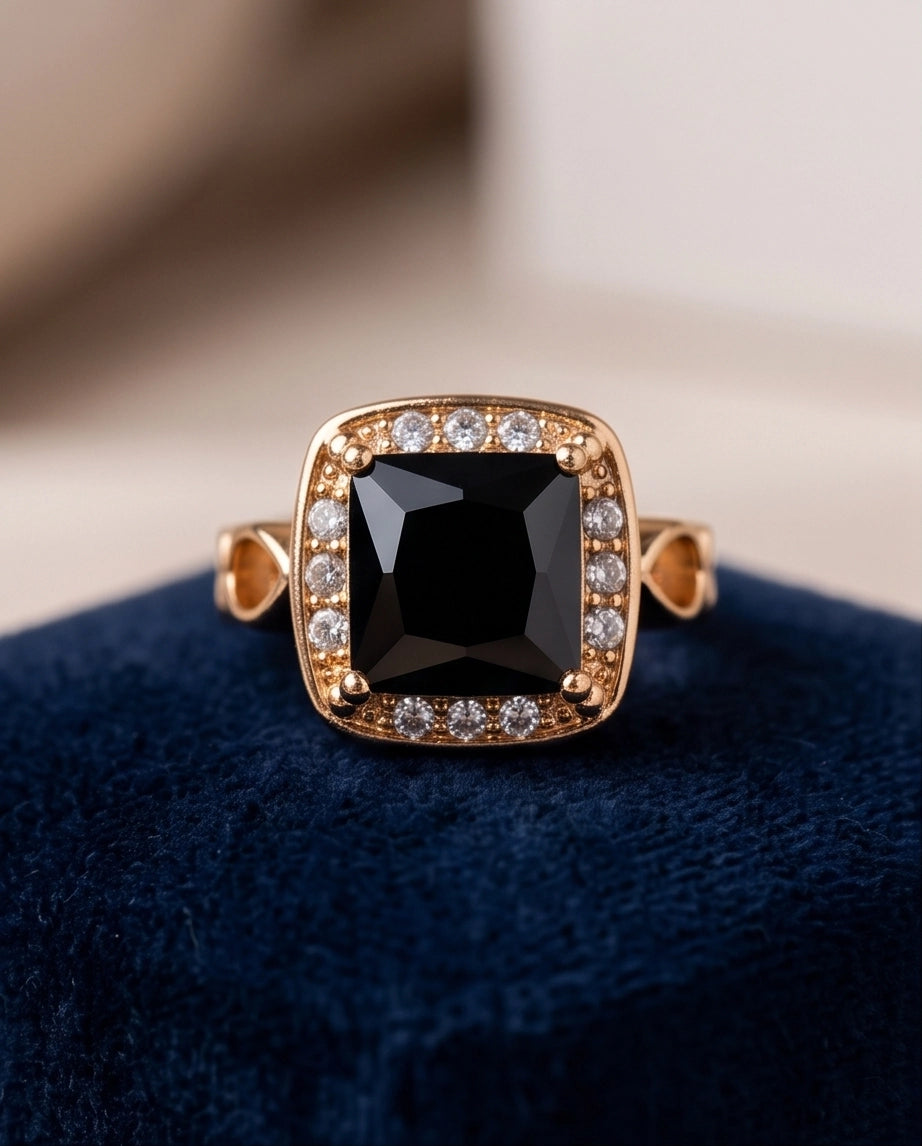 Black Onyx Cushion Halo Gold Ring