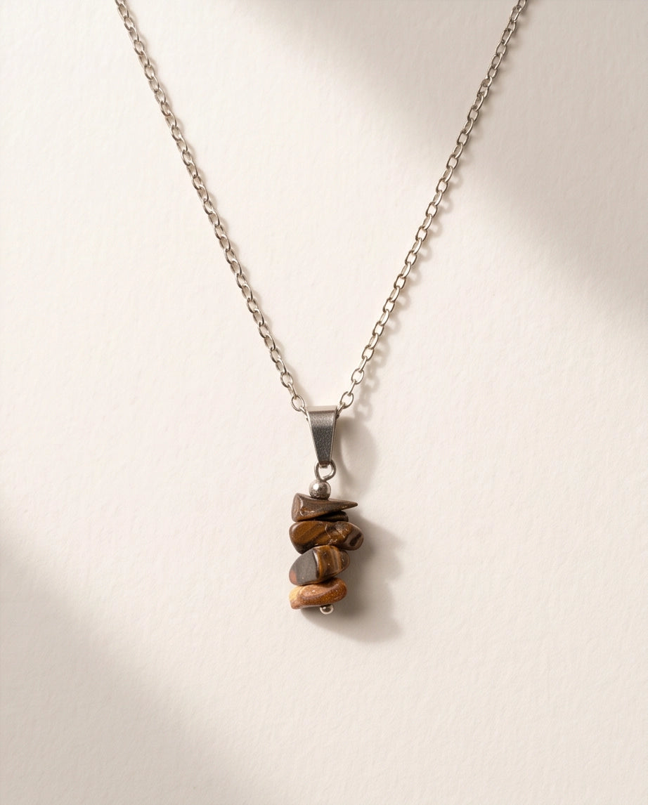 Silver Stacked Raw Tiger's Eye Chip Stone Pendant Necklace