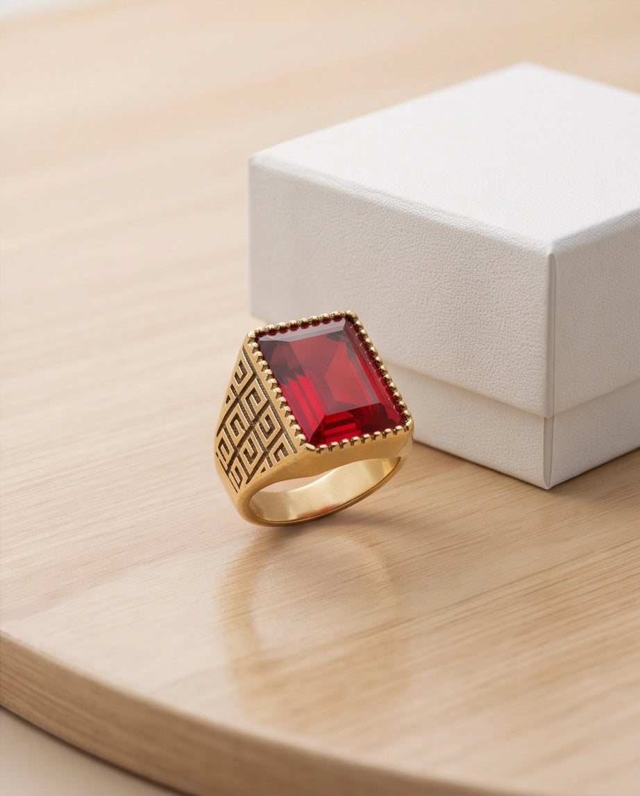 Ruby Red Emerald-Cut Gemstone Beaded Bezel Greek Key Gold Ring