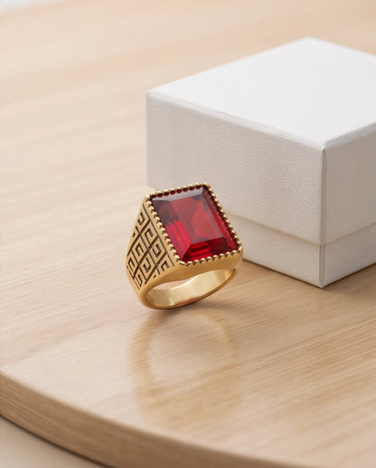 Ruby Red Emerald-Cut Gemstone Beaded Bezel Greek Key Gold Ring