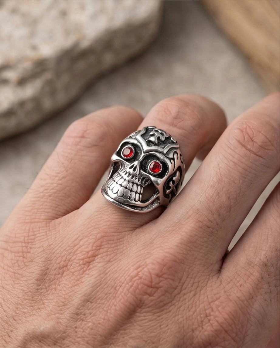 Ruby-Eyed Crested Filigree Skull Ring