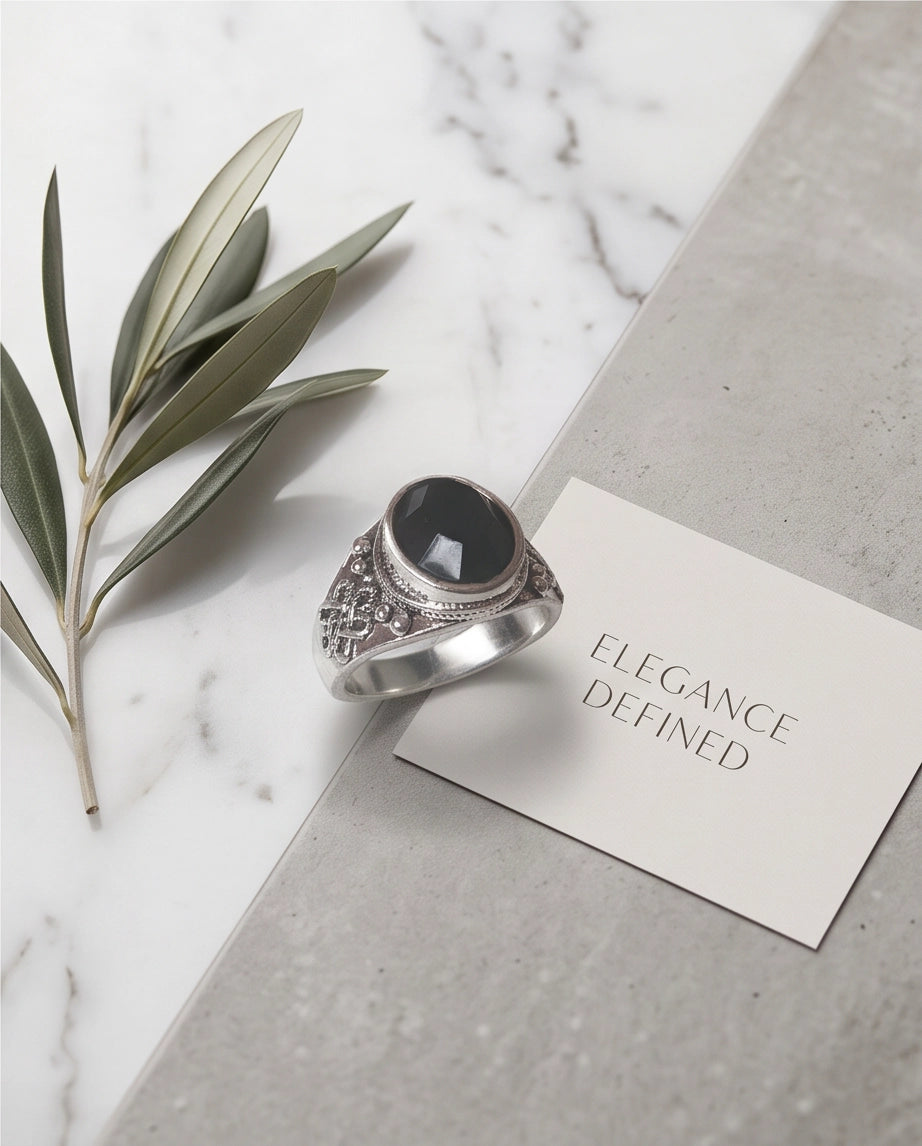 Faceted Oval Onyx-Style Beaded Bezel Filigree Silver Ring