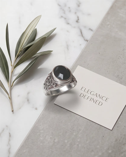Faceted Oval Onyx-Style Beaded Bezel Filigree Silver Ring