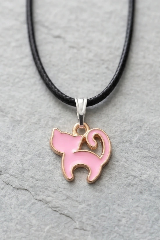 Playful Pink Cat Enamel Pendant Necklace
