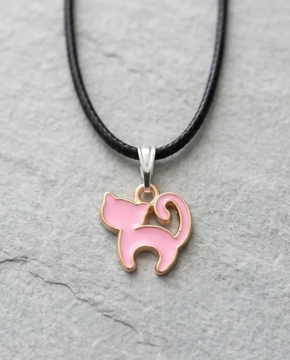 Playful Pink Cat Enamel Pendant Necklace