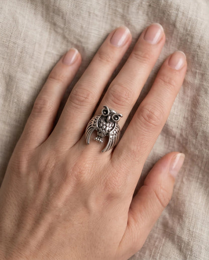 Oxidized Silver Sculpted Owl Statement Ring