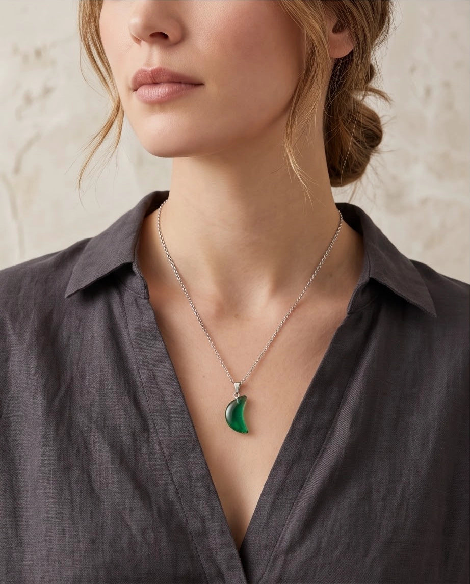 Silver Emerald Green Crescent Moon Pendant Necklace