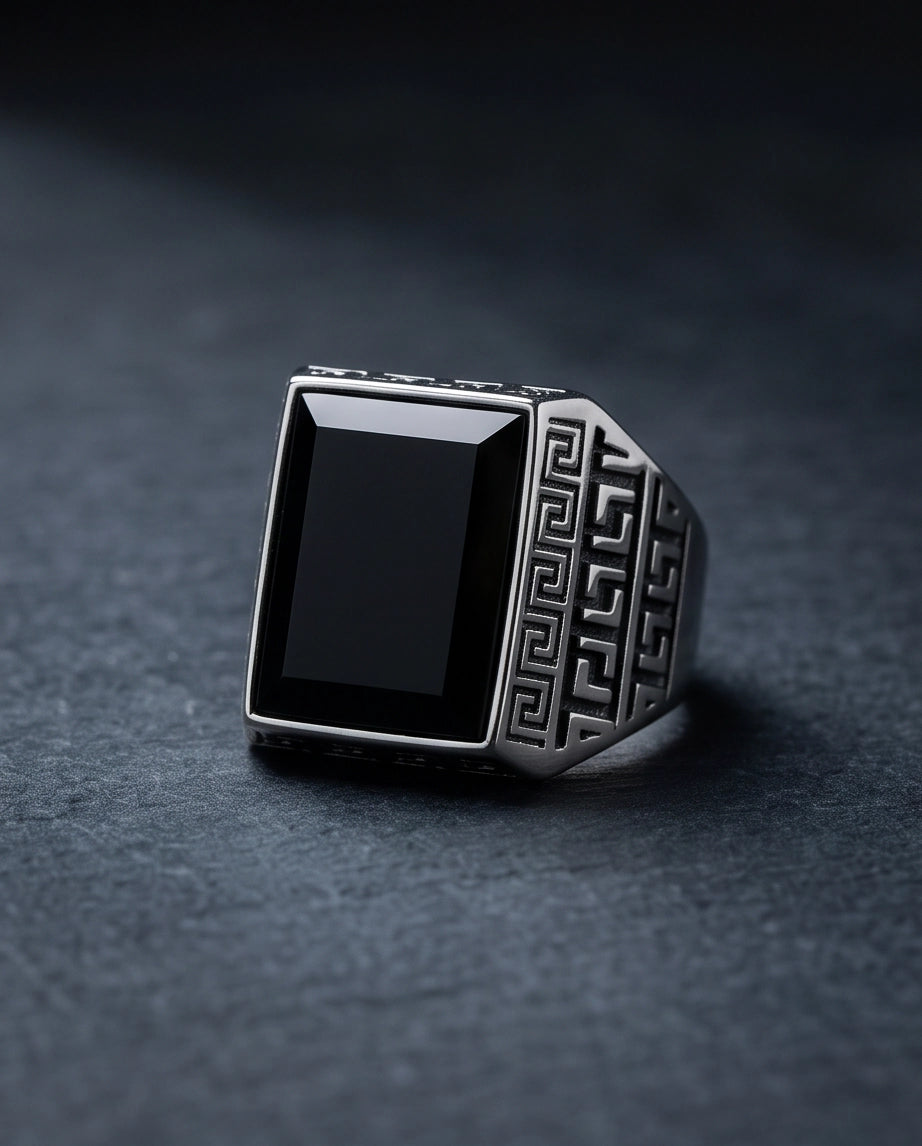 Black Onyx Emerald-Cut Gemstone Greek Key Silver Ring
