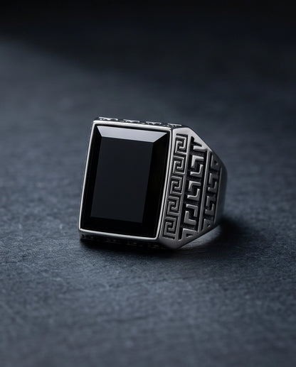 Black Onyx Emerald-Cut Gemstone Greek Key Silver Ring
