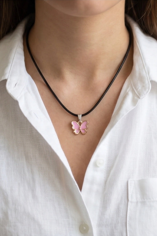 Pink Butterfly Enamel Pendant Necklace