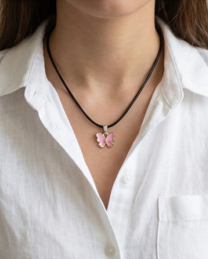 Pink Butterfly Enamel Pendant Necklace