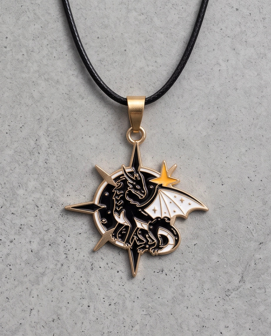 Gold Celestial Compass Dragon Black & White Enamel Pendant Necklace