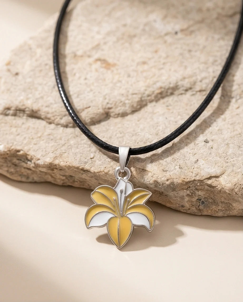 Elegant Pastel Yellow and White Lily Enamel Pendant Necklace