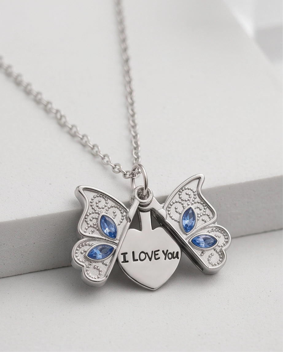 Silver Butterfly Secret Heart Pendant Necklace