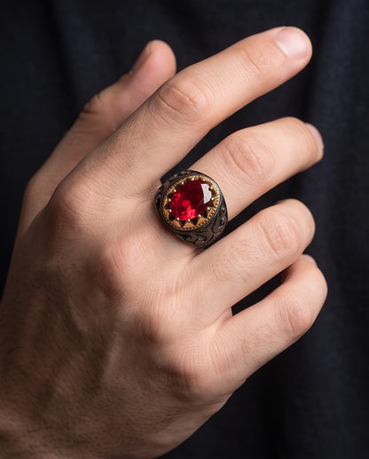 Celestial Crimson Sunburst Signet Ring