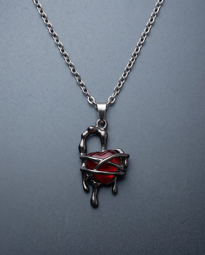 Black Thorny Dripping Heart Red Gem Pendant Necklace