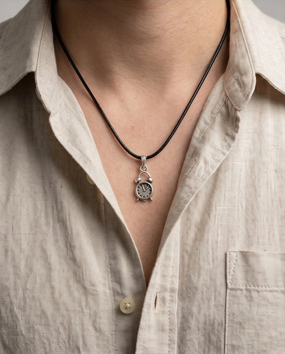 Silver Retro Alarm Clock Pendant Necklace