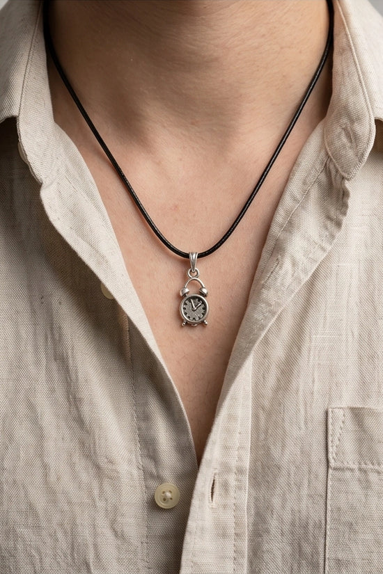 Silver Retro Alarm Clock Pendant Necklace