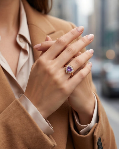 Gold Purple Heart Gemstone Halo Ring